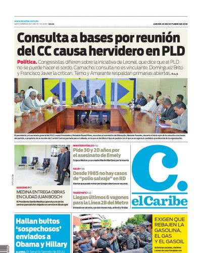 Portada Periódico El Caribe, Jueves 25 de Octubre 2018