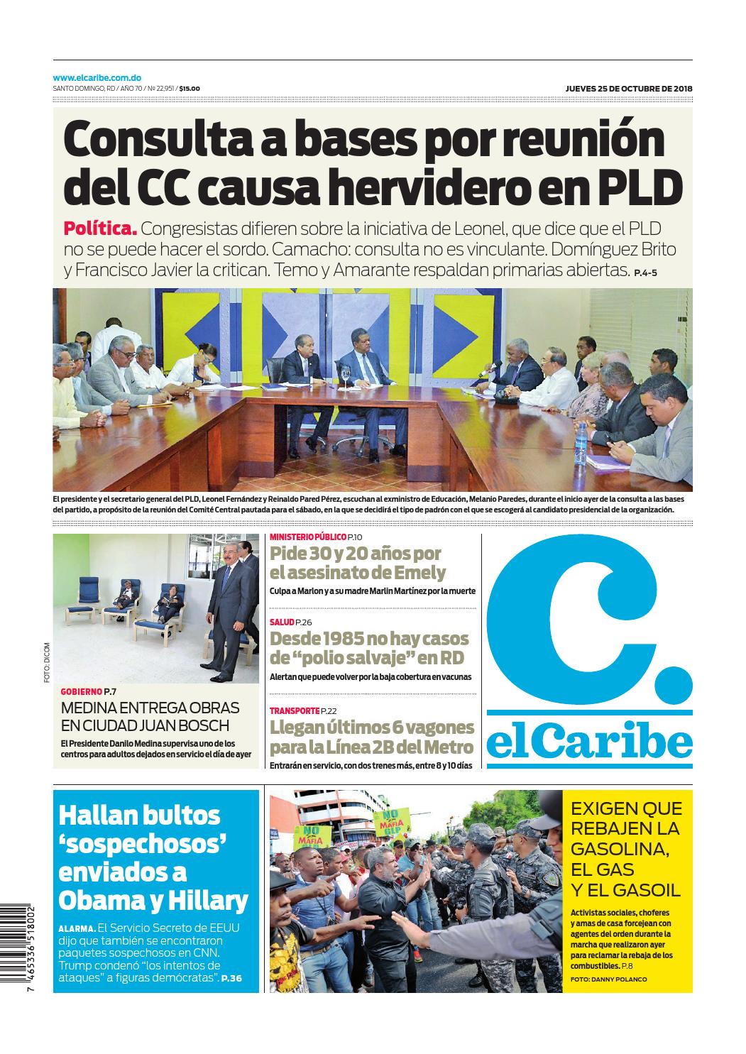 Portada Periódico El Caribe, Jueves 25 de Octubre 2018