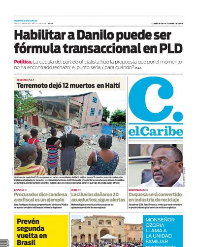 Portada Periódico El Caribe, Lunes 08 de Octubre 2018