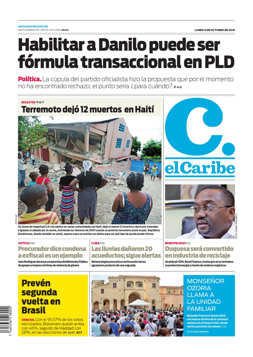 Portada Periódico El Caribe, Lunes 08 de Octubre 2018