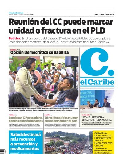 Portada Periódico El Caribe, Lunes 22 de Octubre 2018