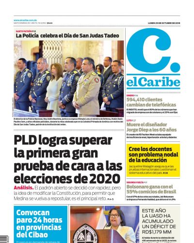 Portada Periódico El Caribe, Lunes 29 de Octubre 2018