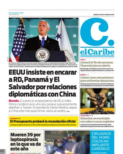 Portada Periódico El Caribe, Sábado 06 de Octubre 2018