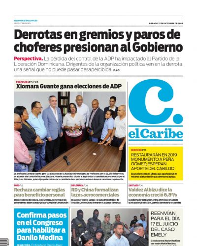 Portada Periódico El Caribe, Sábado 13 de Octubre 2018