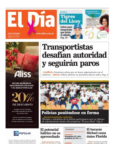 Portada Periódico El Día, Jueves 11 de Octubre 2018