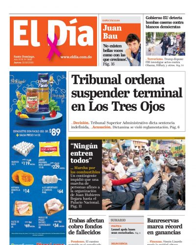 Portada Periódico El Día, Jueves 25 de Octubre 2018