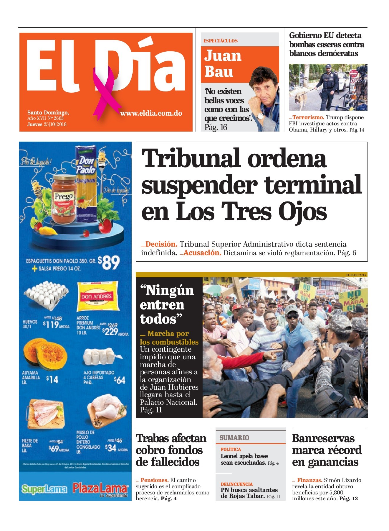 Portada Periódico El Día, Jueves 25 de Octubre 2018