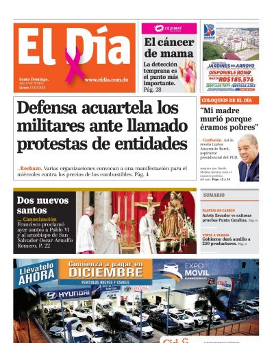 Portada Periódico El Día, Lunes 15 de Octubre 2018