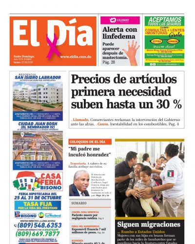 Portada Periódico El Día, Lunes 22 de Octubre 2018