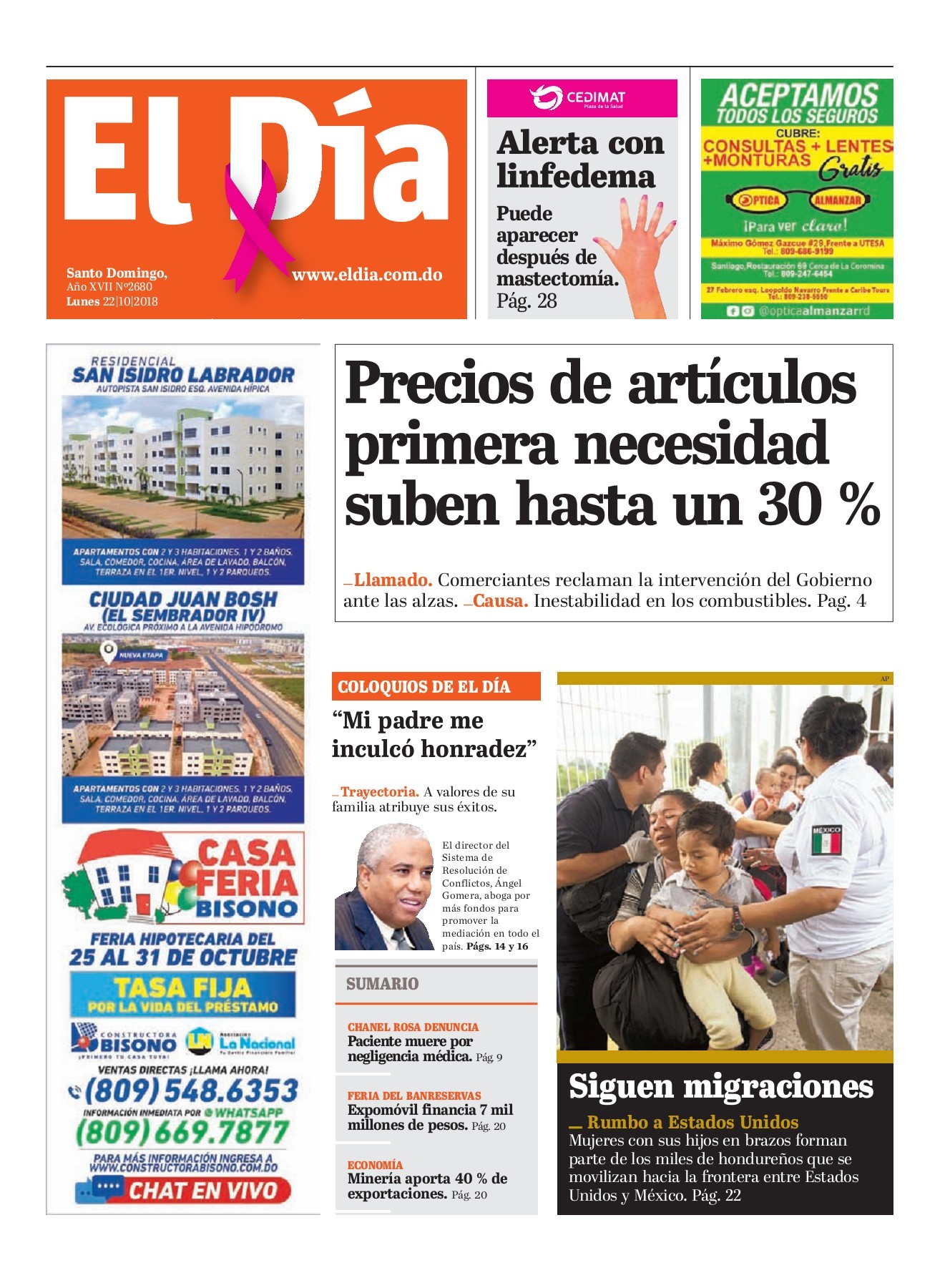Portada Periódico El Día, Lunes 22 de Octubre 2018