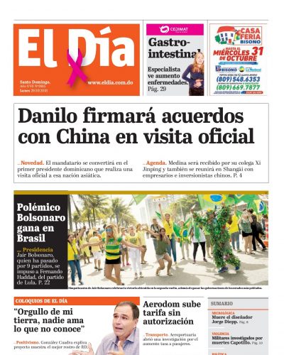 Portada Periódico El Día, Lunes 29 de Octubre 2018
