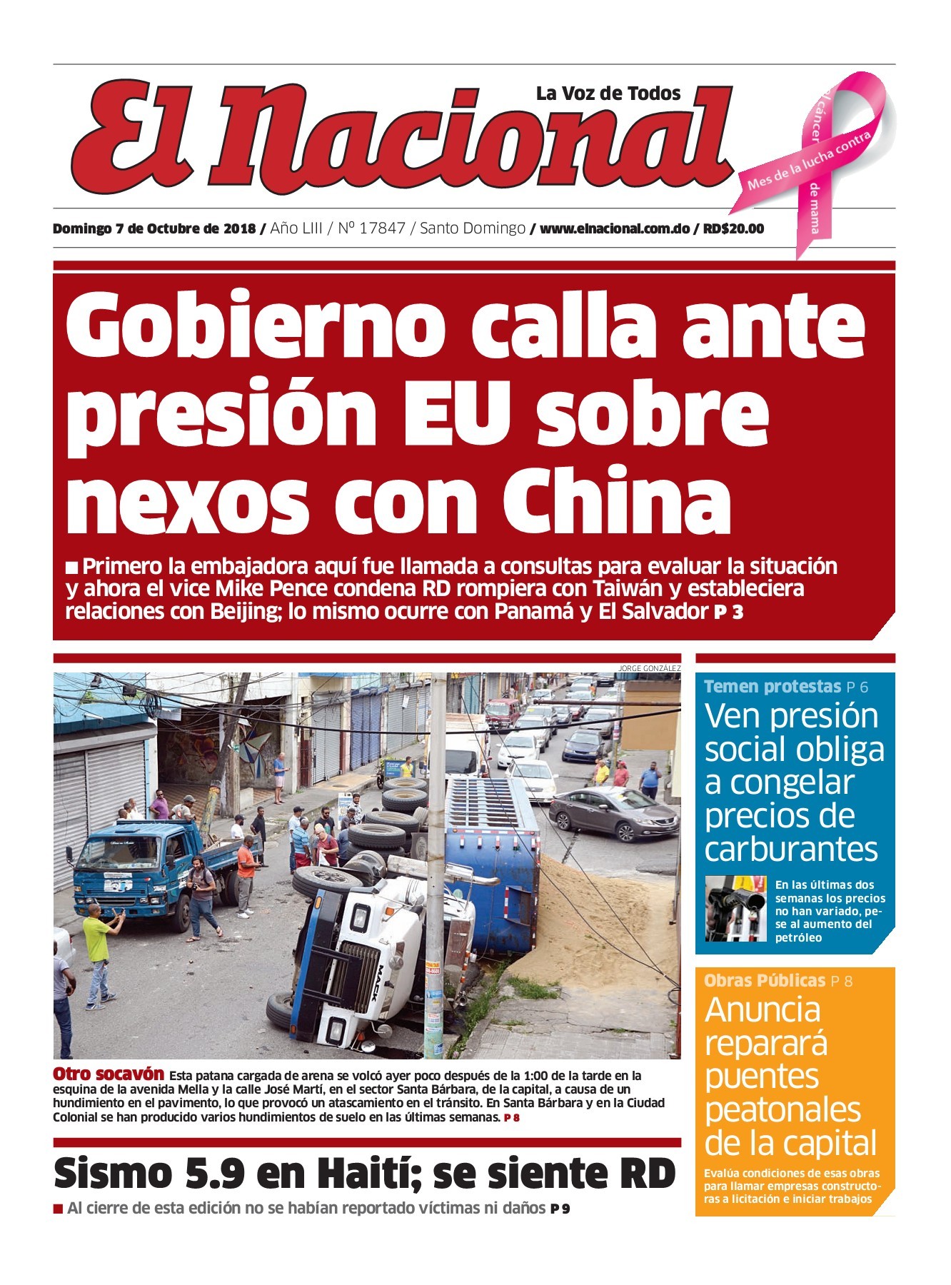 Portada Periódico El Nacional, Domingo 07 de Octubre 2018