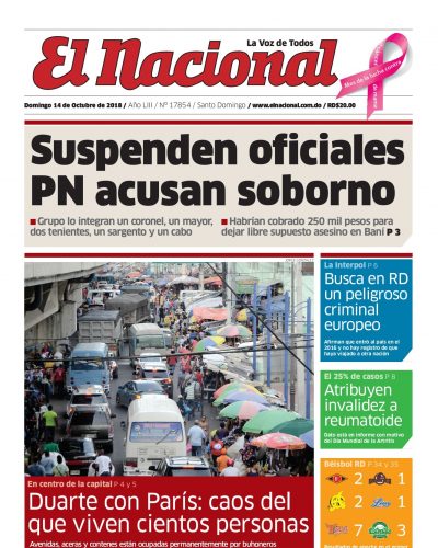 Portada Periódico El Nacional, Domingo 14 de Octubre 2018