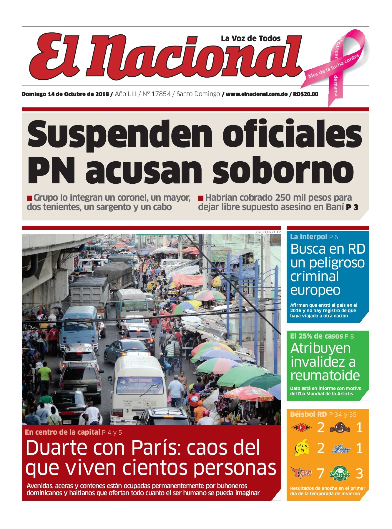 Portada Periódico El Nacional, Domingo 14 de Octubre 2018