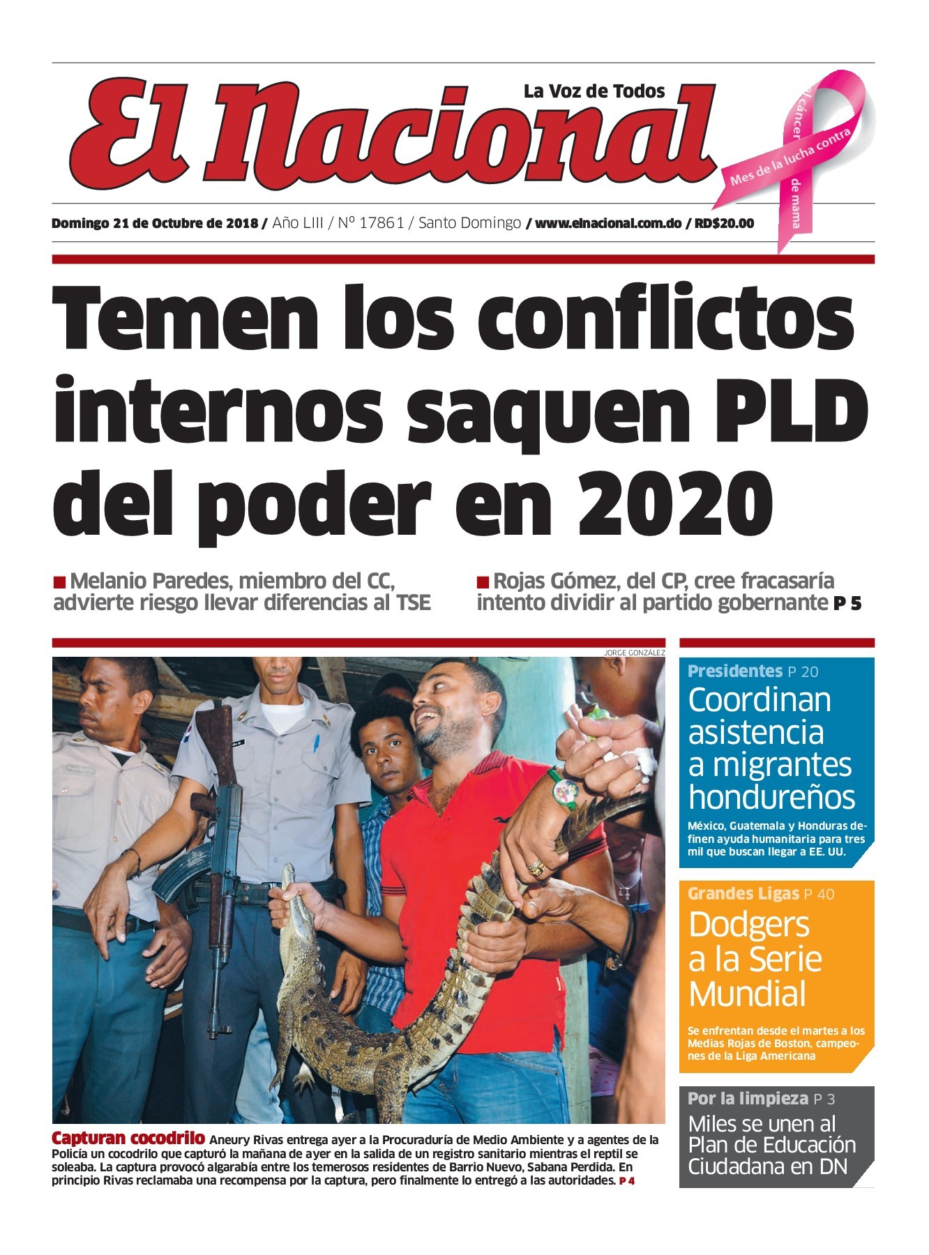 Portada Periódico El Nacional, Domingo 21 de Octubre 2018