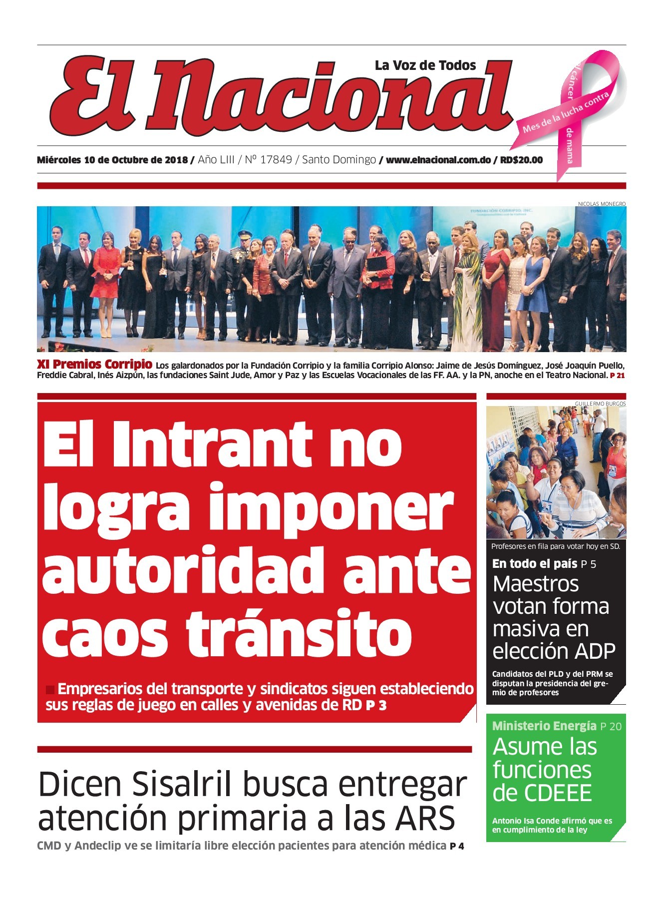 Portada Periódico El Nacional, Jueves 12 de Octubre 2018