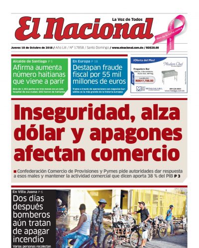 Portada Periódico El Nacional, Jueves 18 de Octubre 2018