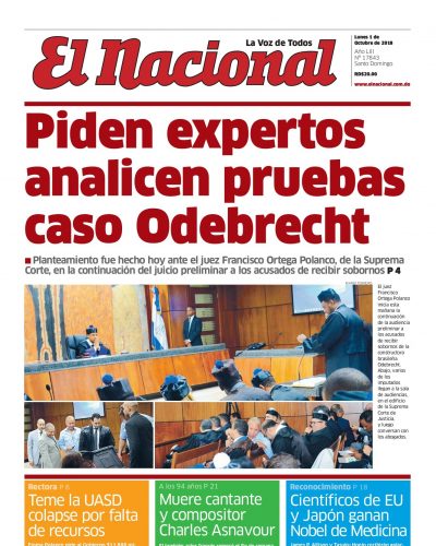 Portada Periódico El Nacional, Lunes 01 de Octubre 2018