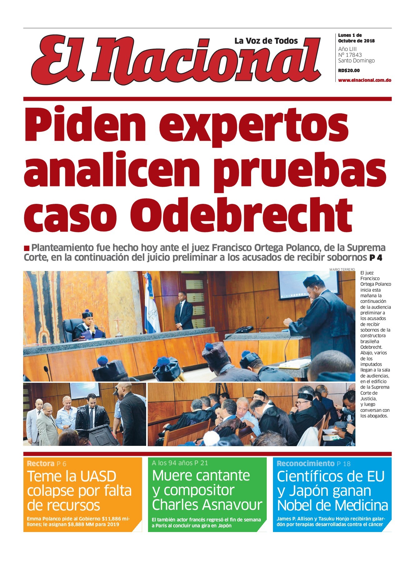 Portada Periódico El Nacional, Lunes 01 de Octubre 2018