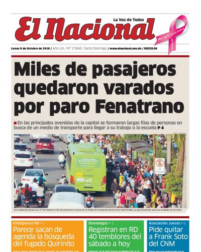 Portada Periódico El Nacional, Lunes 08 de Octubre 2018