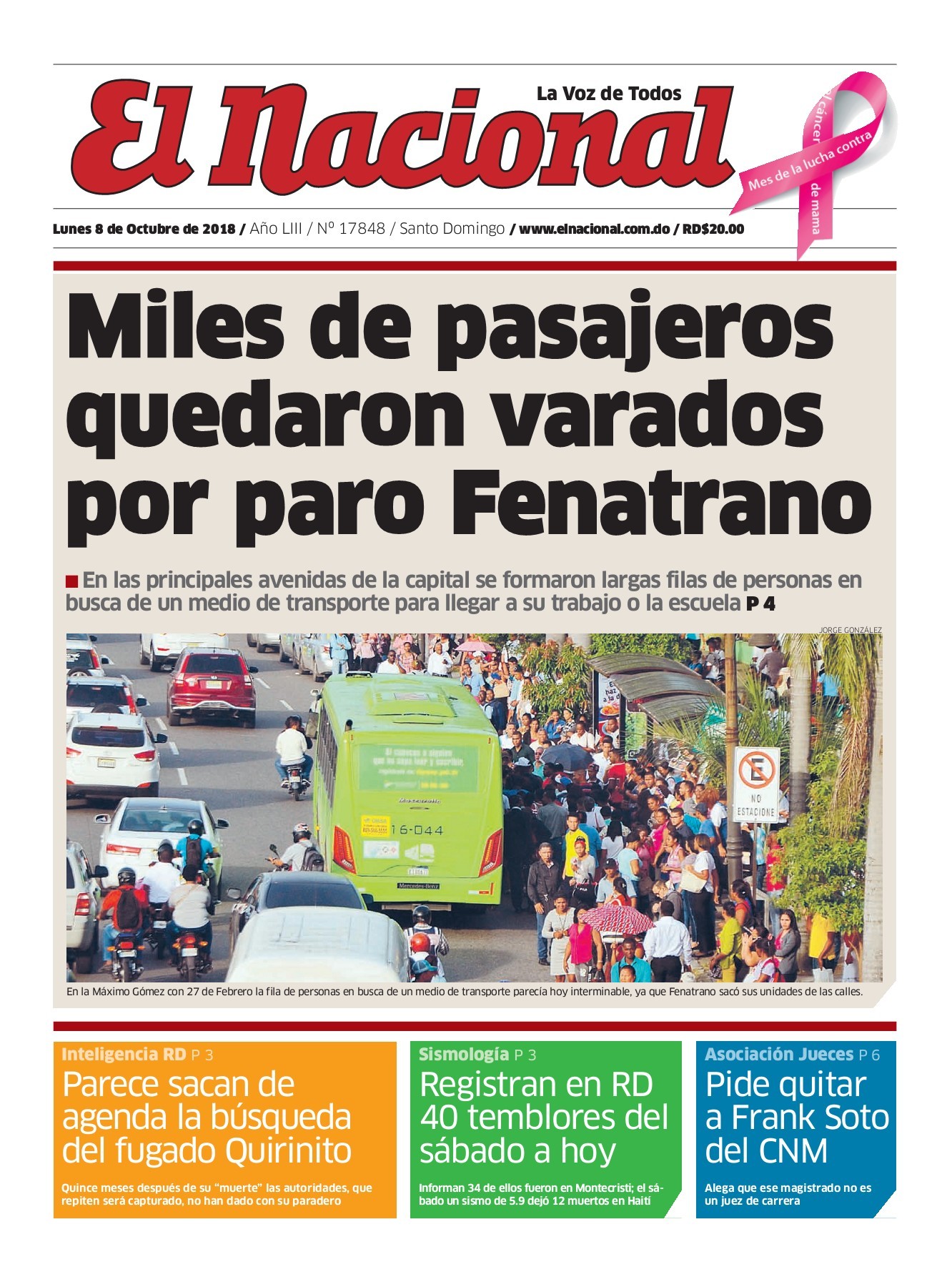 Portada Periódico El Nacional, Lunes 08 de Octubre 2018