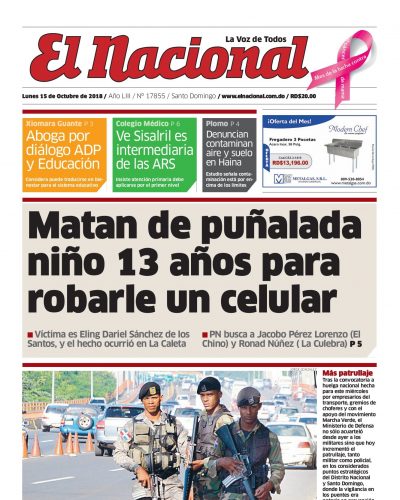 Portada Periódico El Nacional, Lunes 15 de Octubre 2018