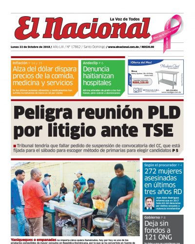 Portada Periódico El Nacional, Lunes 22 de Octubre 2018