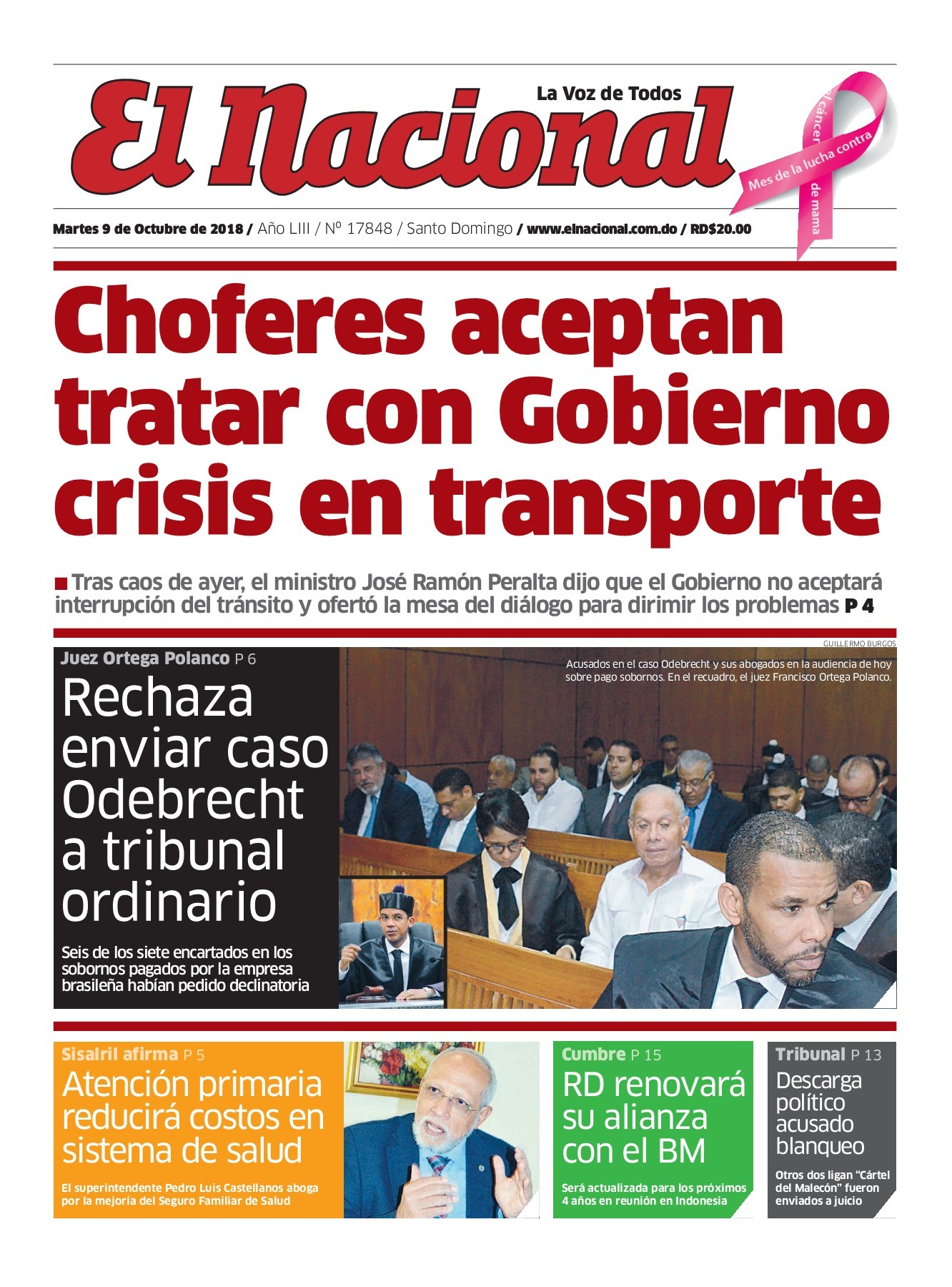 Portada Periódico El Nacional, Martes 09 de Octubre 2018