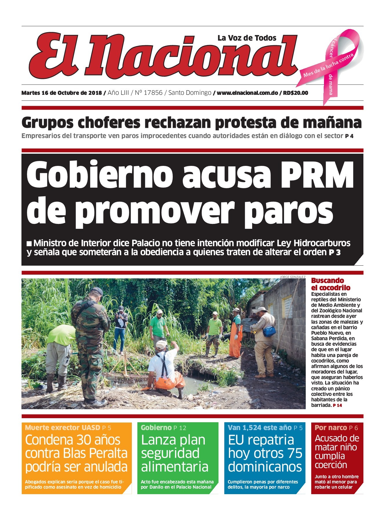 Portada Periódico El Nacional, Martes 16 de Octubre 2018