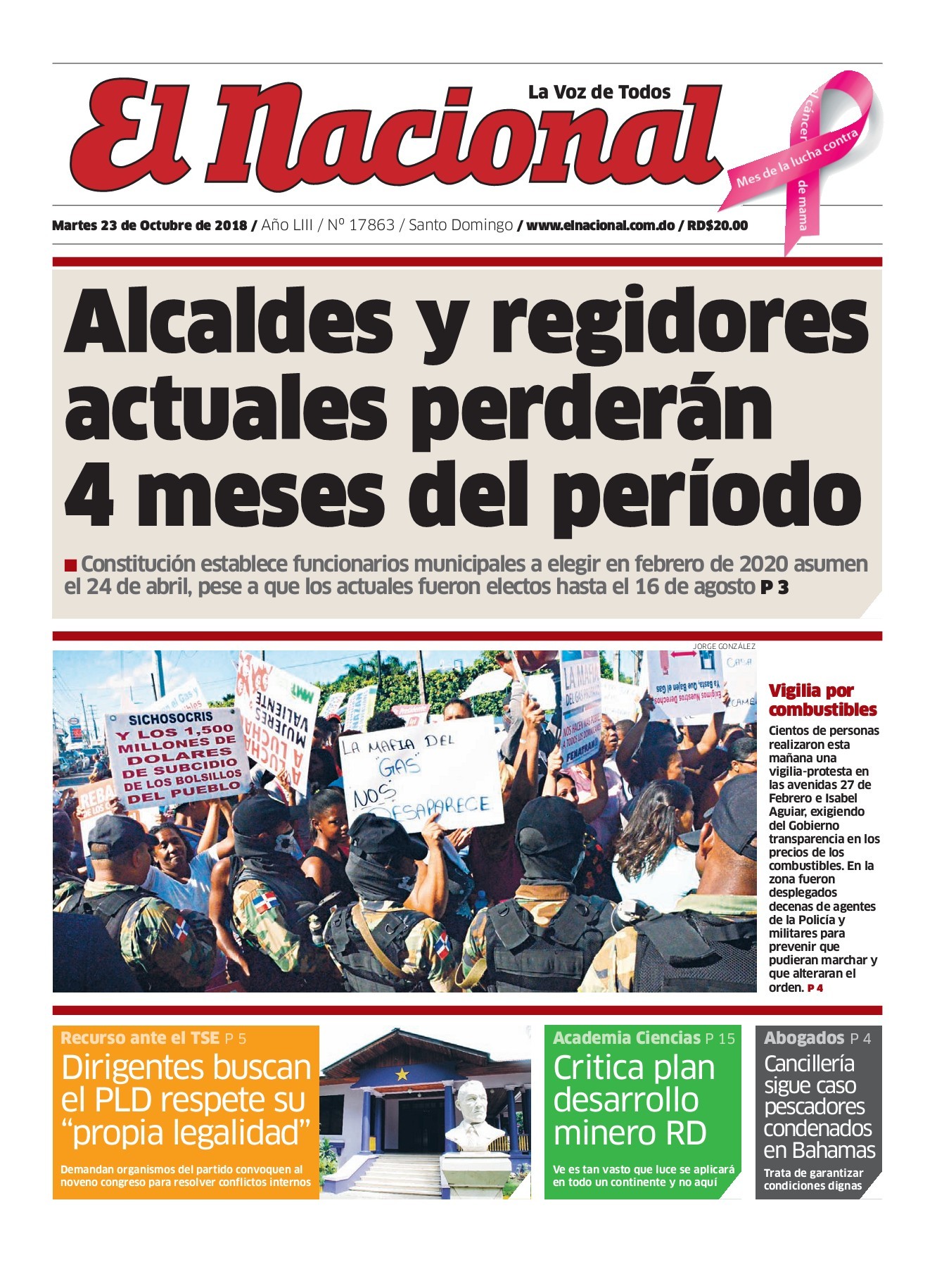 Portada Periódico El Nacional, Martes 23 de Octubre 2018
