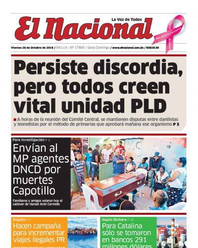 Portada Periódico El Nacional, Viernes 26 de Octubre 2018
