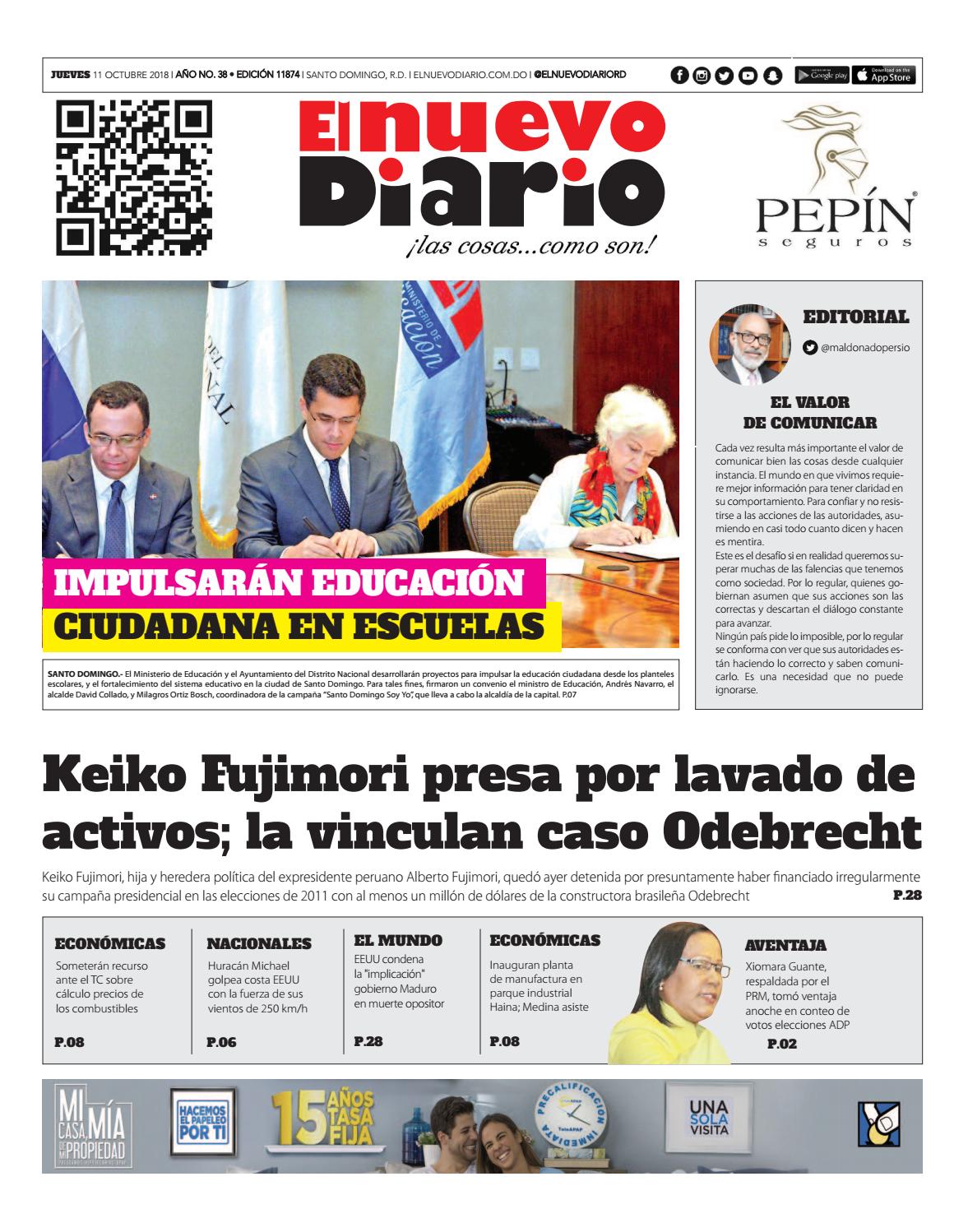 Portada Periódico El Nuevo Diario, Jueves 11 de Octubre 2018