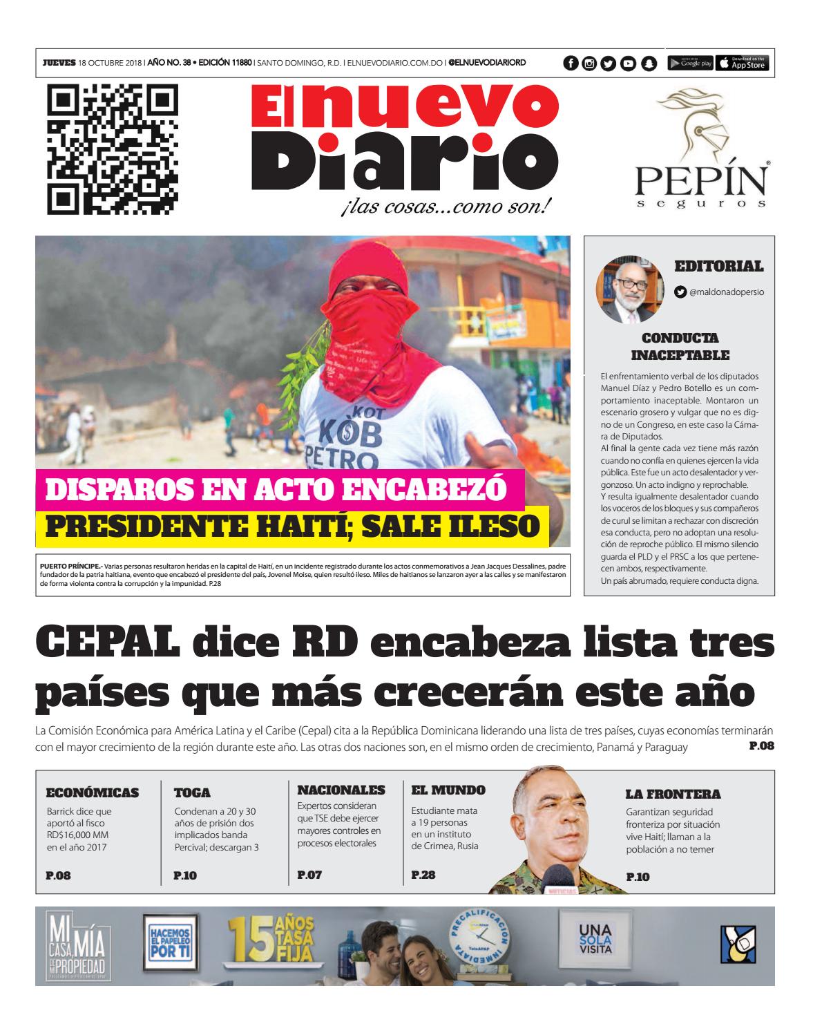 Portada Periódico El Nuevo Diario, Jueves 18 de Octubre 2018