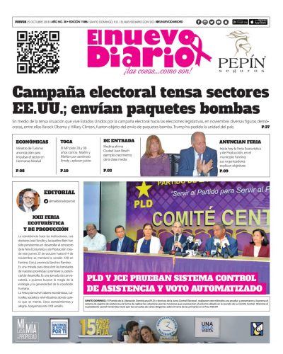 Portada Periódico El Nuevo Diario, Jueves 25 de Octubre 2018