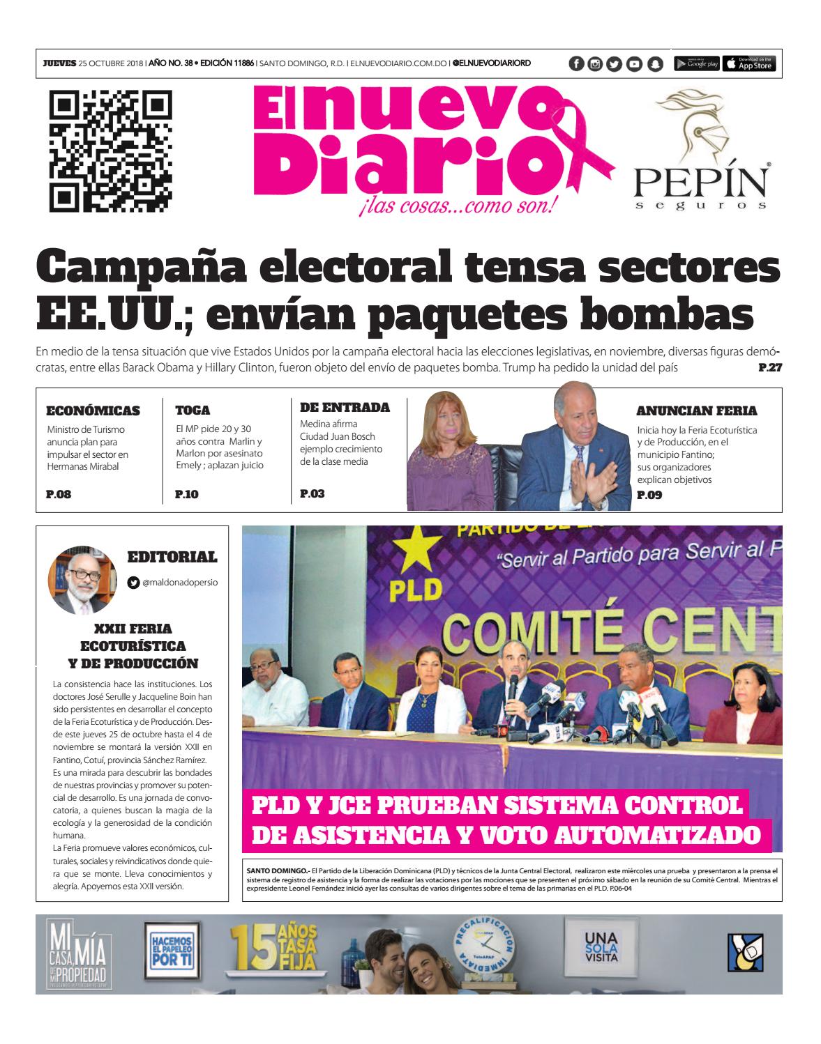 Portada Periódico El Nuevo Diario, Jueves 25 de Octubre 2018