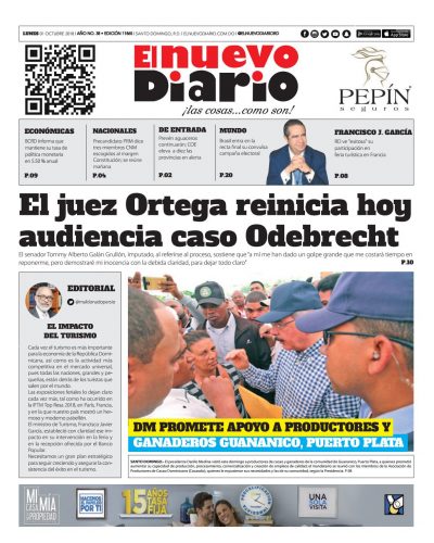 Portada Periódico El Nuevo Diario, Lunes 01 de Octubre 2018