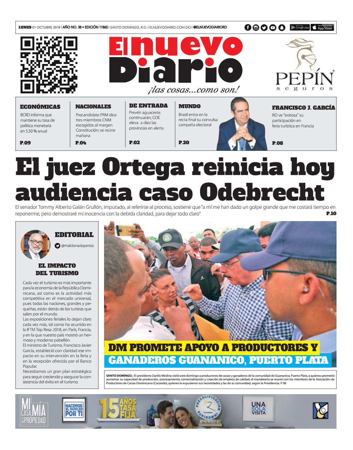 Portada Periódico El Nuevo Diario, Lunes 01 de Octubre 2018