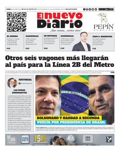 Portada Periódico El Nuevo Diario, Lunes 08 de Octubre 2018