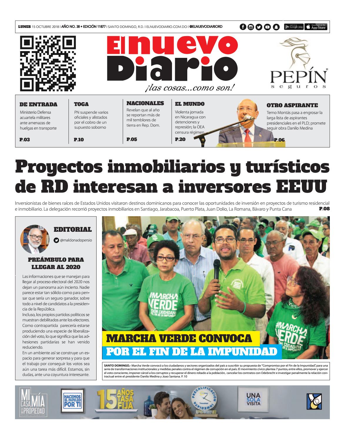 Portada Periódico El Nuevo Diario, Lunes 15 de Octubre 2018