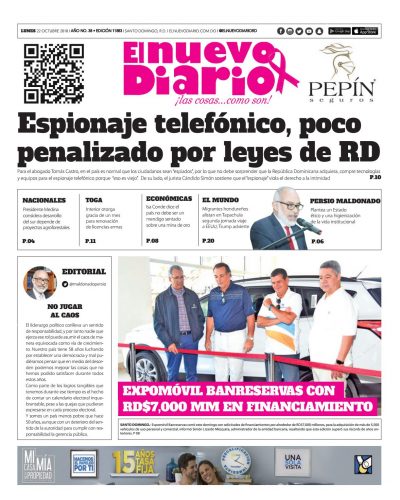 Portada Periódico El Nuevo Diario, Lunes 22 de Octubre 2018