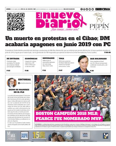 Portada Periódico El Nuevo Diario, Lunes 29 de Octubre 2018