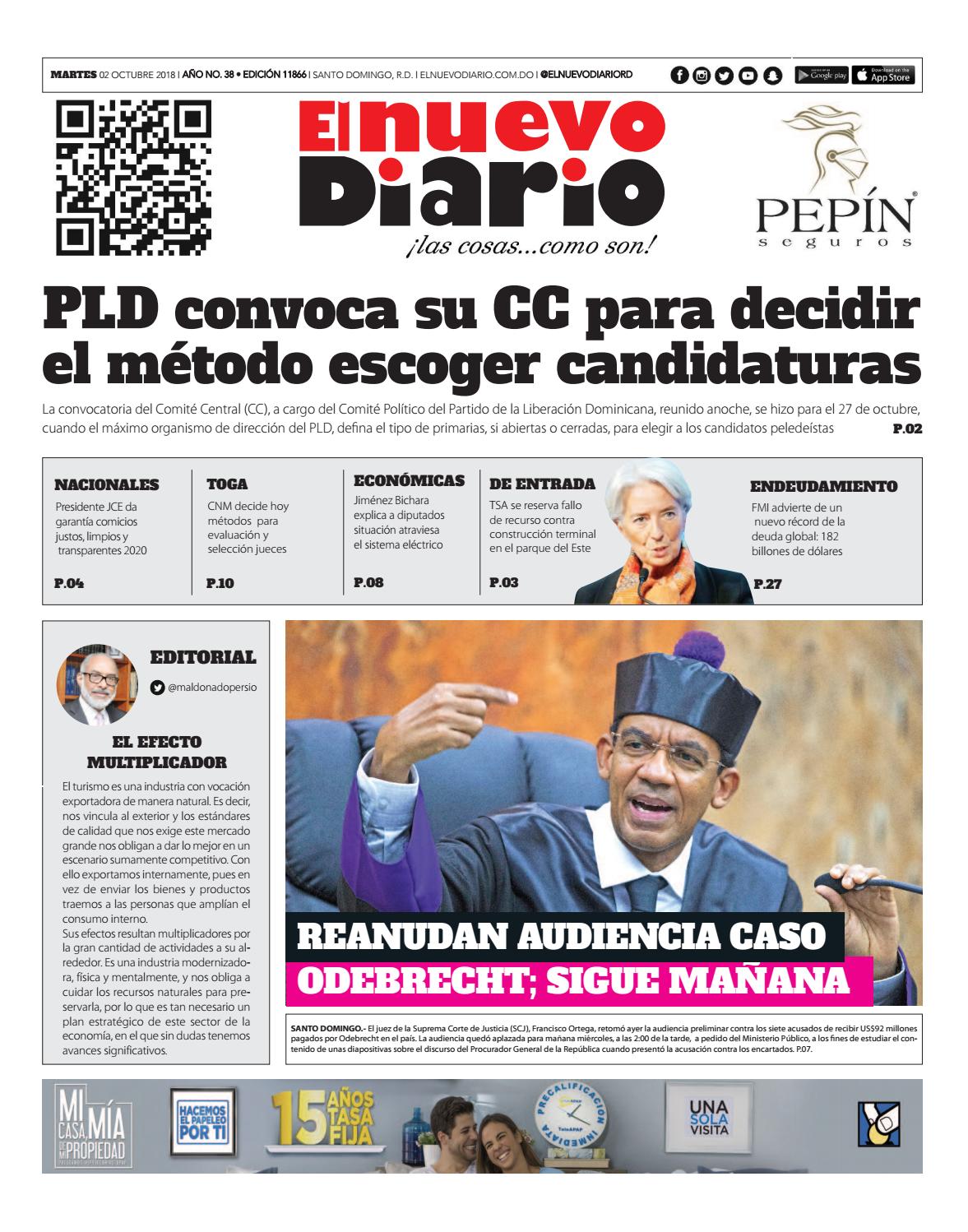 Portada Periódico El Nuevo Diario, Martes 02 de Octubre 2018