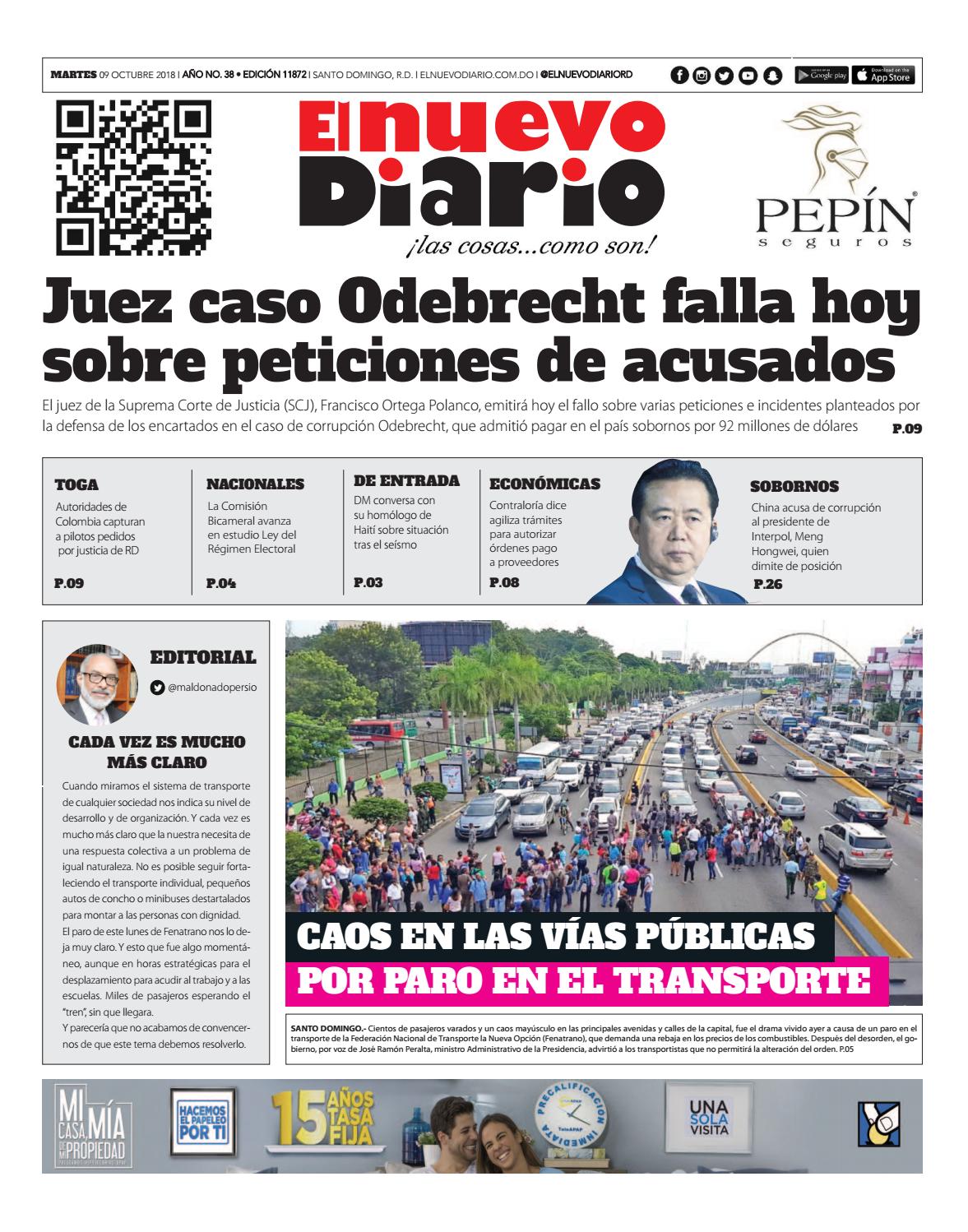 Portada Periódico El Nuevo Diario, Martes 09 de Octubre 2018