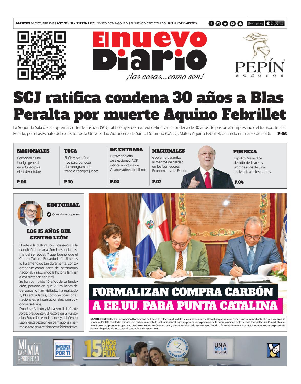 Portada Periódico El Nuevo Diario, Martes 16 de Octubre 2018