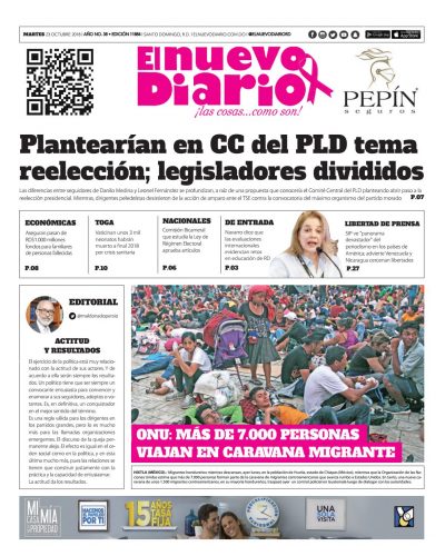 Portada Periódico El Nuevo Diario, Martes 23 de Octubre 2018