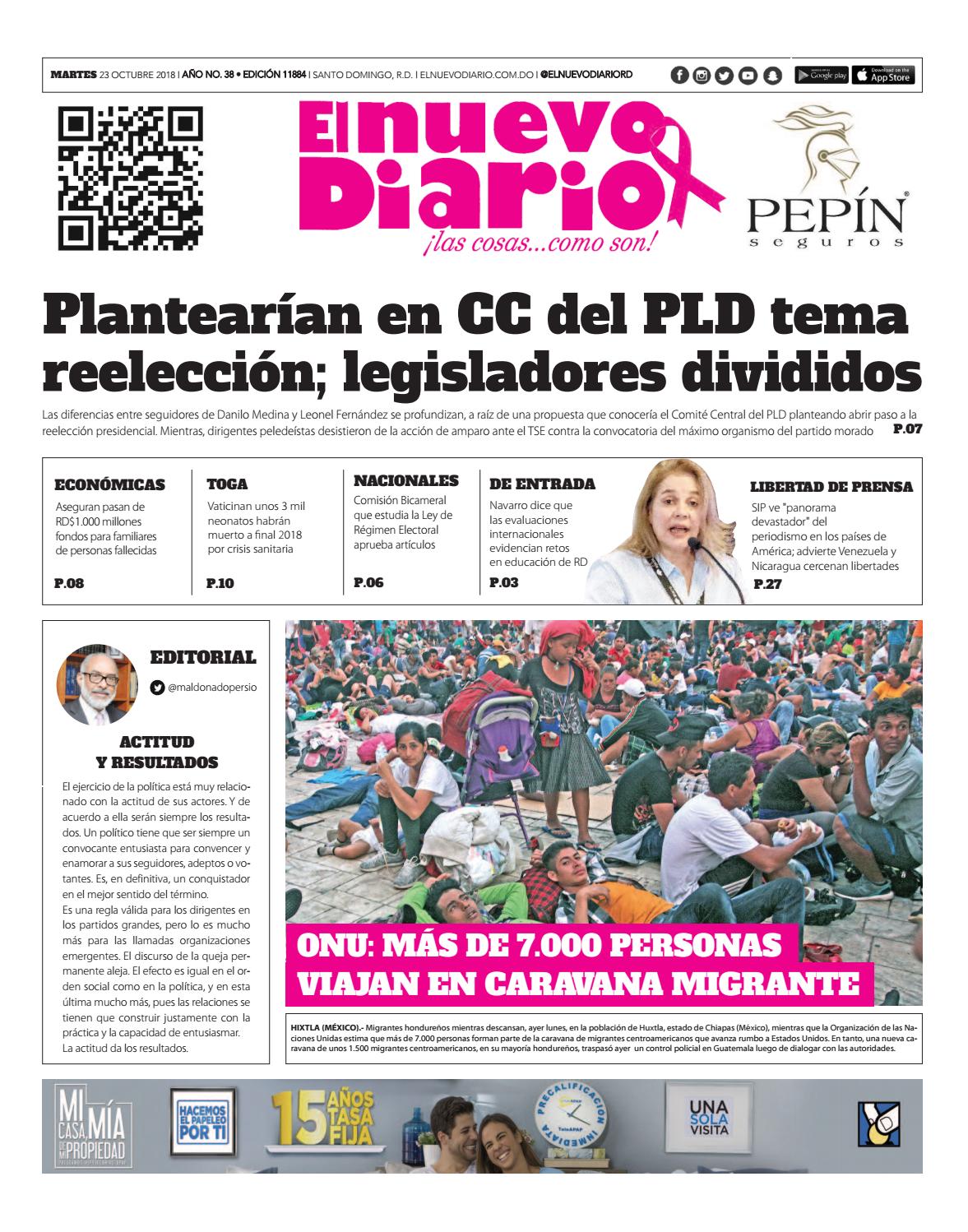 Portada Periódico El Nuevo Diario, Martes 23 de Octubre 2018