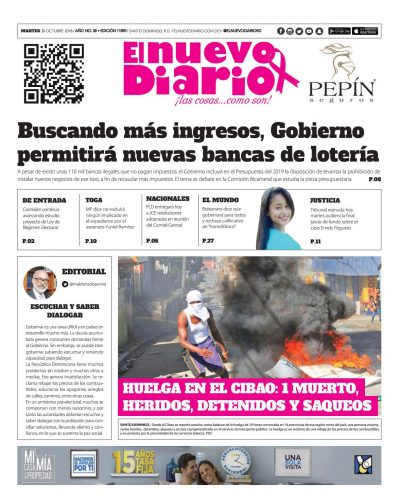 Portada Periódico El Nuevo Diario, Martes 30 de Octubre 2018