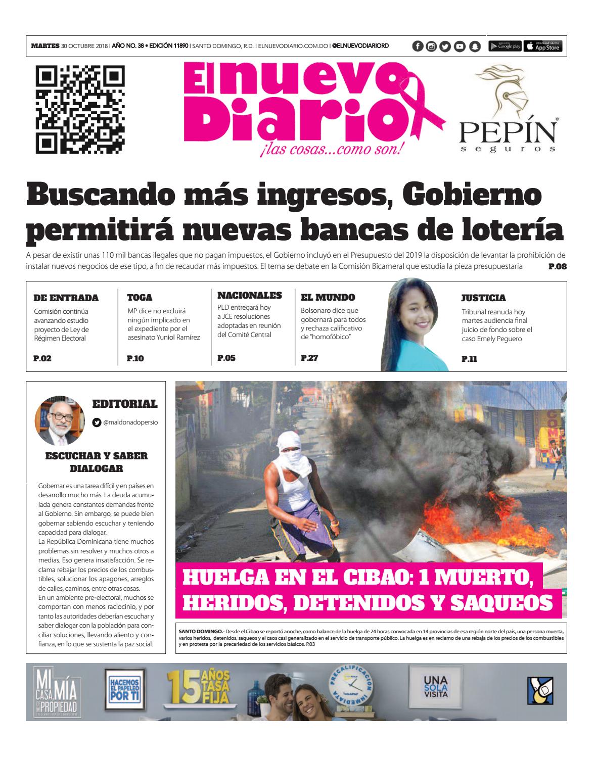 Portada Periódico El Nuevo Diario, Martes 30 de Octubre 2018