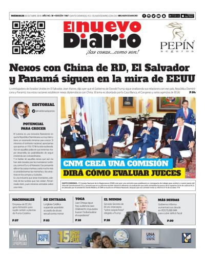 Portada Periódico El Nuevo Diario, Miércoles 03 de Octubre 2018