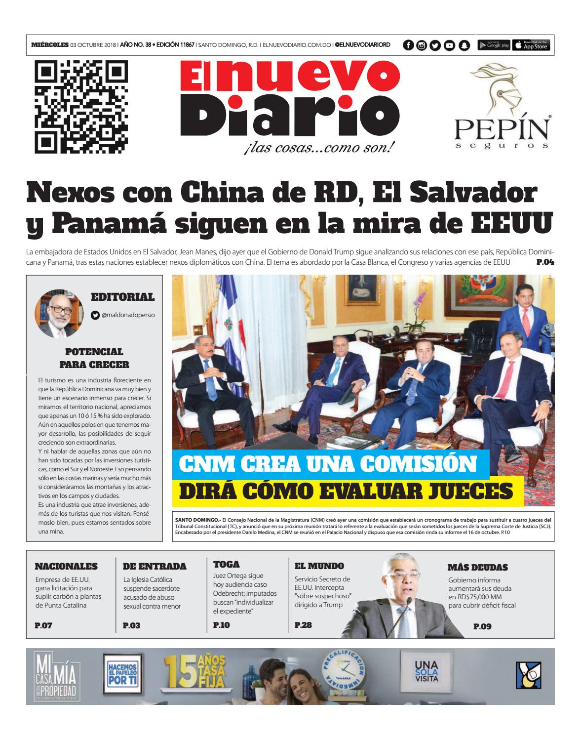 Portada Periódico El Nuevo Diario, Miércoles 03 de Octubre 2018